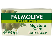Jabón hidratante en pastilla para tocador, enriquecido con extracto de oliva PALMOLIVE Naturals moisture care 3 x 90 g.