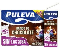 Batido con sabor a chocolate, sin lactosa y elaborado con un 90% de leche PULEVA 6 x 200 ml.
