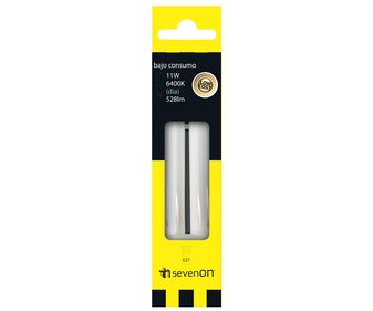 Bombilla de bajo consumo tubo mini 11W, con casquillo E27 (grueso) y luz fría SEVENON. Bombilla de bajo consumo tubo mini 11W, con casquillo E27 (grueso) y luz fría SEVENON.