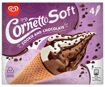 Cono de helado sabor galleta con trocitos de galleta al cacao, salsa y recubrimiento de chocolate CORNETTO Soft 4 x 140 ml.