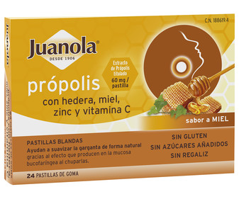 Pastillas blandas de própolis y con sabor a miel que ayudan a suavizar la garganta JUANOLA 24 uds. Pastillas blandas de própolis y con sabor a miel que ayudan a suavizar la garganta JUANOLA 24 uds.