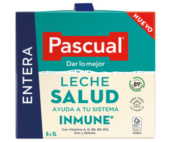 Leche entera de vaca, con vitaminas A, D, B6, B9 y B12, Zinc y Selenio PASCUAL Inmune 6 x 1 l. Leche entera de vaca, con vitaminas A, D, B6, B9 y B12, Zinc y Selenio PASCUAL Inmune 6 x 1 l.
