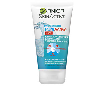Gel limpiador 3 en 1 (limpia, exfolia y purifica) al la vez que da un tono uniforme a la piel GARNIER Skin active pure active 50 ml. Gel limpiador 3 en 1 (limpia, exfolia y purifica) al la vez que da un tono uniforme a la piel GARNIER Skin active pure active 50 ml.