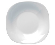 Plato hondo cuadrado de vidrio opal color blanco, 23cm., Para BORMIOLI.