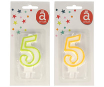Vela de cumpleaños número 5 con filo de color, varios colores, ACTUEL.