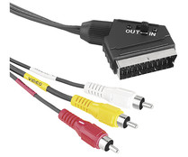 Cable QILIVE de Euroconector macho + selector a 3 RCA macho,1,5 metros, terminales plateados, color negro.