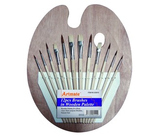 Paleta de madera con 12 pinceles de distintos números y puntas ARTMATE. Paleta de madera con 12 pinceles de distintos números y puntas ARTMATE.