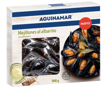 Mejillones gallegos enteros, cocidos con salsa al albariño AGUINAMAR 500 g. Mejillones gallegos enteros, cocidos con salsa al albariño AGUINAMAR 500 g.