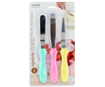 3 espátulas para repostería, mango de polipropileno en color y hoja de acero inoxidable HABI. 3 espátulas para repostería, mango de polipropileno en color y hoja de acero inoxidable HABI.