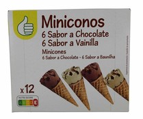 Mini conos de helado de chocoloate (6) y vainilla (6) PRODUCTO ECONÓMICO ALCAMPO 12 x 28 ml.