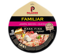 Pizza familiar de masa fina y crujiente de jamón, bacon y queso PALACIOS 580 g.
