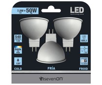 Lote de 3 focos led dicroicos de 7.5W, casquillos GU5.3 y luz fría SEVENON. Lote de 3 focos led dicroicos de 7.5W, casquillos GU5.3 y luz fría SEVENON.