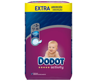 Pañales talla 3+, para niños de 7 a 11 kilogramos DODOT Activity 60 uds. Pañales talla 3+, para niños de 7 a 11 kilogramos DODOT Activity 60 uds.