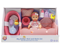 Megaconjunto de bebé de 35cm con bañera, cama y accesorios,13 piezas, ONE TWO FUN ALCAMPO.