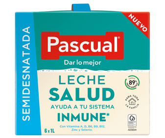 Leche semidesnatada de vaca, con vitaminas A, D, B6, B9 y B12, Zinc y Selenio PASCUAL Inmune 6 x 1 l. Leche semidesnatada de vaca, con vitaminas A, D, B6, B9 y B12, Zinc y Selenio PASCUAL Inmune 6 x 1 l.