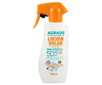 Protector solar en spray, especial niños con pieles sensibles y FPS 50+ (muy alto) AGRADO Kids 250 ml.