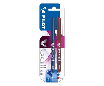 2 bolígrafos tipo roller punta fina y grosor de 0.5mm con tinta líquida azul y roja PILOT V-ball. 2 bolígrafos tipo roller punta fina y grosor de 0.5mm con tinta líquida azul y roja PILOT V-ball.