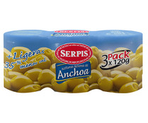 Aceitunas rellenas de anchoas más ligeras, 35% menos de sal SERPIS 3 x 120 gr
