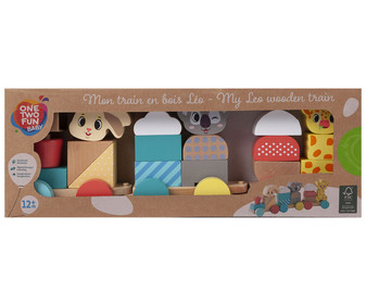 Tren de madera Leo de 30cm con piezas apilables de madera FSC, ONE TWO FUN ALCAMPO. Tren de madera Leo de 30cm con piezas apilables de madera FSC, ONE TWO FUN ALCAMPO.