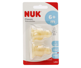 Tetinas anticólicos de latex con orificios grandes, para bebés de más de 6 meses NUK 2 uds. Tetinas anticólicos de latex con orificios grandes, para bebés de más de 6 meses NUK 2 uds.