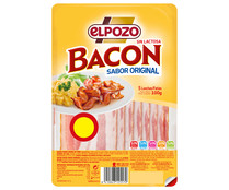 Bacon cocido sin piel ni ternilla, con sabor ahumado y cortado en cómodas lonchas EL POZO 100 g.