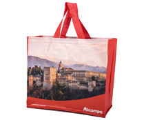 Bolsa grande de rafia reutilizable con diseño de la Alhambra de Granada, ALCAMPO.