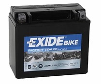 Batería para moto 10Ah, arranque 150A, 12V, L: 15cm, A: 8,7cm, H: 13cm, EXIDE Bike AGM Factory Sealed.