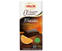 Chocolate negro 70% relleno naranja, sin azúcares añadidos  VALOR tableta de 150 g.