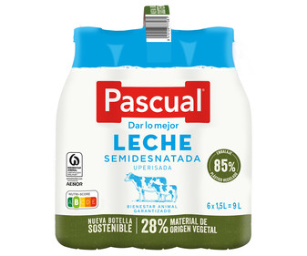 Leche de vaca semidesnatada, de bienestar animal garantizado PASCUAL 6 x 1.5 l. Leche de vaca semidesnatada, de bienestar animal garantizado PASCUAL 6 x 1.5 l.