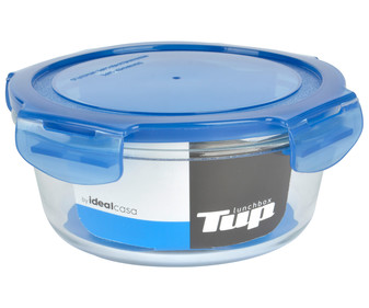 Recipiente redondo lunchbox de vidrio con tapa hermética de plástico color azul, 0,4l. IDEALCASA.