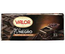 Chocolate negro 70% con pepitas de cacao VALOR, tableta de 170 g.