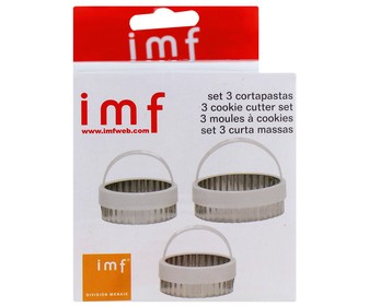 Corta masas redondos de acero inoxidable, 4,5/6/7 centímetros de diámetro IMF pack de 3 unidades. Corta masas redondos de acero inoxidable, 4,5/6/7 centímetros de diámetro IMF pack de 3 unidades.