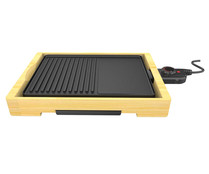 Plancha de asar COMELEC EG 7404, base de bambú, 2000W, superficie 245 x 346mm, termostato regulable.