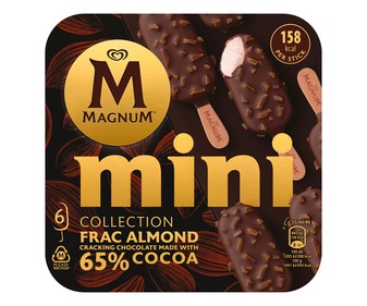 Mini bombón de helado de nata con chocolate crujiente (65% cacao) y almendras MAGNUM Collection frac almond 6 x 55 ml. Mini bombón de helado de nata con chocolate crujiente (65% cacao) y almendras MAGNUM Collection frac almond 6 x 55 ml.