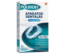 Pastillas limpiadoras diarias de prótesis dentales POLIDENT Crystal clear 30 uds.