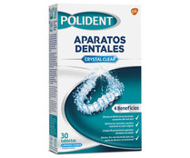 Pastillas limpiadoras diarias de prótesis dentales POLIDENT Crystal clear 30 uds.