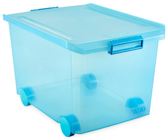 Caja de ordenación multiúsos con ruedas, capacidad de 60 litros, fabricada en plástico resistente, color turquesa translúcido TATAY 1 unidad. Caja de ordenación multiúsos con ruedas, capacidad de 60 litros, fabricada en plástico resistente, color turquesa translúcido TATAY 1 unidad.