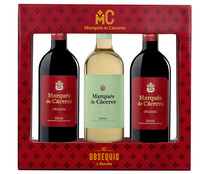 Estuche con 2 botellas de vino tinto crianza y 1 de vino blanco con denominación de origen calificada Rioja MARQUÉS DE CÁCERES.
