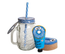 Set de baño con jarrita de cristal, crema de manos y esponja con forma de donuts azul POKHARA.