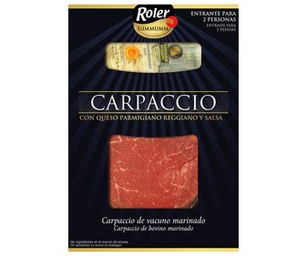 Carpaccio de vacuno marinado, con queso parmigiano reggiano y salsa ROLER Summumm 80 g. Carpaccio de vacuno marinado, con queso parmigiano reggiano y salsa ROLER Summumm 80 g.