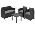 Conjunto de muebles de jardín o porche 4 piezas con sofá 2 plazas, 2 sillones y 1 mesa de resina color negro, incluye cojines, Alabama ALLIBERT.
