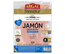 Jamón cocido extra, reducido en sal y cortado en lonchas finas y enteras BONNATUR de Argal 100 g.