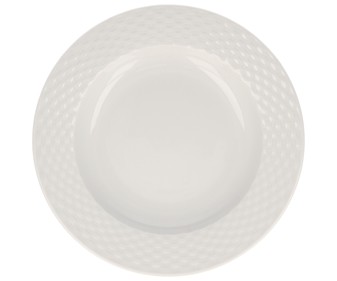 Plato hondo de 23 centímetros de diámetro, fabricado en porcelana con diseño trenzado en el ala EFG. Plato hondo de 23 centímetros de diámetro, fabricado en porcelana con diseño trenzado en el ala EFG.
