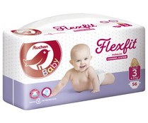 Pañales talla 3 para bebés de 4 a 9 kilogramos ALCAMPO BABY Flexfit 56 uds.
