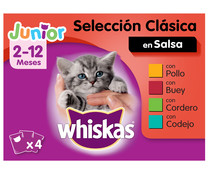Comida para gatos junior de 2 - 12 meses a base de pollo en salsa WHISKAS 4 uds. 100 g.