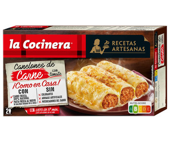 Canelones de pasta fresca al huevo, rellenos de carne (origen 100% nacional) con tomate LA COCINERA Recetas artesanas 500 g. Canelones de pasta fresca al huevo, rellenos de carne (origen 100% nacional) con tomate LA COCINERA Recetas artesanas 500 g.
