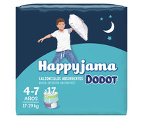 Pañales de noche talla 7 (calzoncillos absorventes), para niños de 17 a 29 kilogramos y de 4 a 7 años DODOT Happyjama 17 uds.