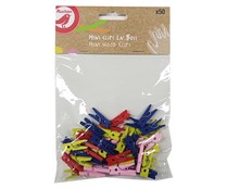 Set de 50 clips de madera de colores con forma de pinza mini, PRODUCTO ALCAMPO.