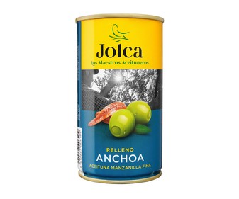 Aceitunas verdes tipo manzanilla fina, rellenas de anchoa JOLCA 150 g. Aceitunas verdes tipo manzanilla fina, rellenas de anchoa JOLCA 150 g.