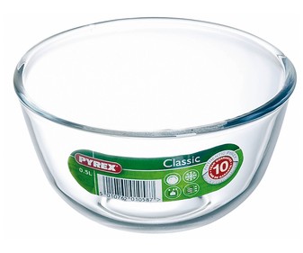 Bol para mezclas fabricado en vídrio con 0,5 litros de capacidad PYREX. Bol para mezclas fabricado en vídrio con 0,5 litros de capacidad PYREX.